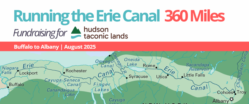 Map of Erie Canal across new york state. Text says Running the Erie Canal 360 Miles; fundraising for hudson taconic lands.